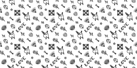 monochrome Old School Style Pattern for Valentine's Day. Background with love symbols 