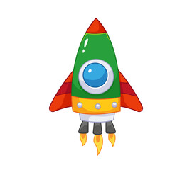 Cartoon rocket in cute style for kids. Vector colorful illustration with outline. Space transport drawing isolated on white background. Journey through the universe.