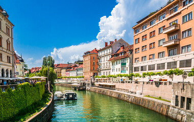 The river Ljubljanica in Ljubljana, Slovenia with traditional architecture