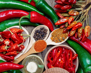 different varieties of hot chilli pepper, ground pepper and spices,  oil.  for the text recipe