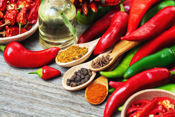 different varieties of hot chilli pepper, ground pepper and spices,  oil.  for the text recipe