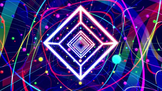 Motion graphic, camera fly in art space or tunnel with neon light. Modern motion design vj loop, flying through art space of glow rectangles, spheres, lines and wireframes, rainbow gradient color.