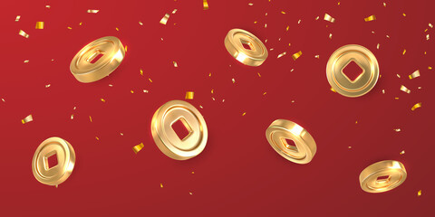 Asian traditional coins with confetti flying on red background .Chinese gold coin with square hole. Vector illustration - obrazy, fototapety, plakaty