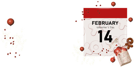 calendar with date of February fourteenth valentines day. decoration red balloons, gift box, petals, letters "XO" hugs and kisses, and hearts