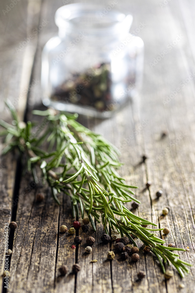 Wall mural green rosemary branch and whole pepper spice