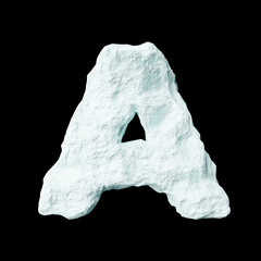 Snow letter A on black background isolated ice rock lime 3D render on a clean black background