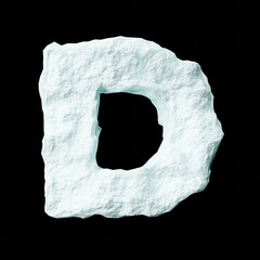 Snow letter D on black background isolated ice rock lime 3D render on a clean black background