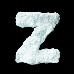 Snow letter Z on black background isolated ice rock lime 3D render on a clean black background