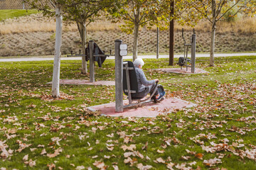 Unrecognizable older woman exercising on a bio-healthy park machine. Exercise concept in the...