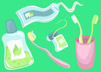 A set of elements for healthy teeth. Tools for brushing teeth. Oral care and hygiene products. Toothbrush, toothpaste, mouthwash and dental floss. Vector illustration in a flat style