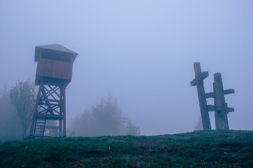 Foggy morning at the top of Big Javornik, Czech Republic