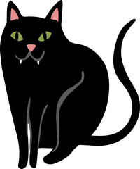 Single isolated Halloween illustration of a seated black catwith green eyes. Happy mischievous cute feline carachter, sitting black cat with sharp teeth and arched tail. Halloween or everyday uses.
