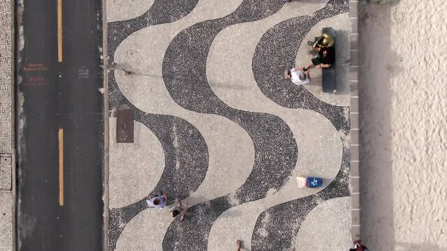 Top down aerial view of people walking on the famous Copacabana Beach sidewalk in Rio de Janeiro, Brazil.	