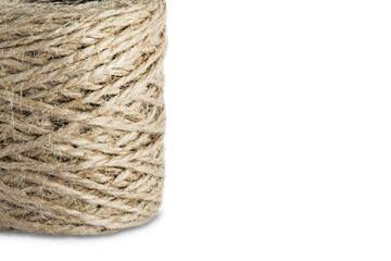 Roll of natural jute twine isolated on a white background.