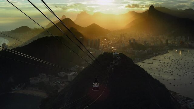 Rio de Janeiro cityscape and Sugarloaf Cable Car at sunset inRio de Janeiro, Brazil.