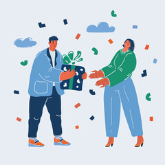 Vector illustration of man give woman gift box with. Present for birthday, valentine day, Christmas, New Year. Congratulations.