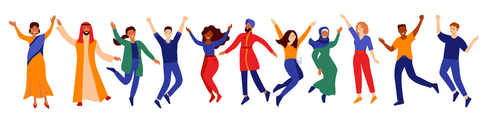 People jumping, dancing with joy. Set of multinational positive people having fun together. Multicultural crowd of diverse men and women enjoing. Excited smiling students. Vector illustration isolated