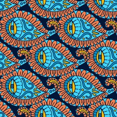 Fantasy floral paisley pattern. Seamless paisley pattern. Blue yellow orange color. Vector illustration.