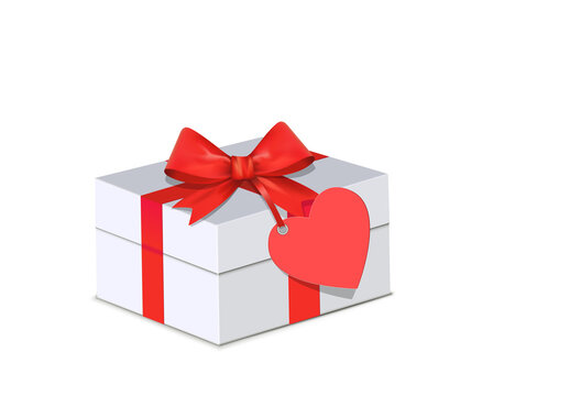 Geschenk Karton mit roter Schleife und blanko Herz-Kärtchen,
Vektor Illustration isoliert auf weißem Hintergrund
