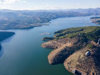 Obraz premium Aerial view of dam of Kardzhali Reservoir, Bulgaria