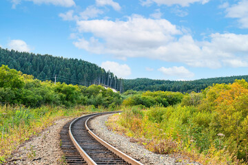 Fototapeta na wymiar Old railway road in the forest of Sakhalin Island