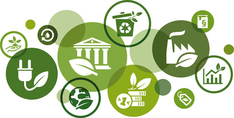 Green deal vector illustration. Concept on sustainable / environmental policy change & investment, ecological technology & eco industry, legal limit to emission, climate neutrality, renewable energy. - obrazy, fototapety, plakaty