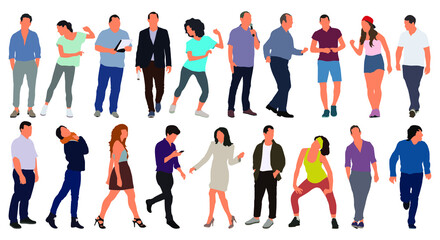 Cartoon men and women walking outdoors in the city. Flat colorful vector illustration
