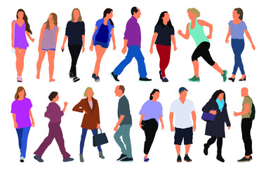 Cartoon men and women walking outdoors in the city. Flat colorful vector illustration
