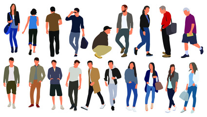 Cartoon men and women walking outdoors in the city. Flat colorful vector illustration
