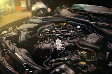 car repair in car service, maintenance concept open hood