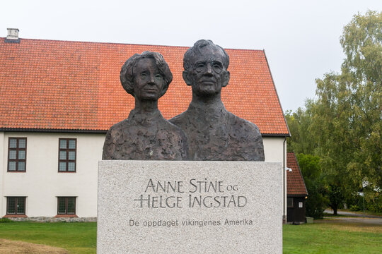 Oslo, Norway - September 24, 2021: Monument to Helge Ingstad and Anne Stine. L’Anse aux Meadows National Historic Site.