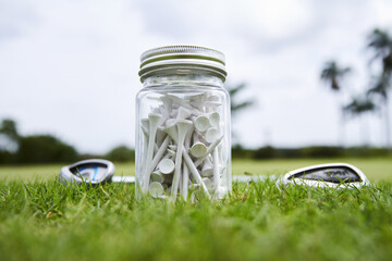 many golf tees in a jar with two clubs close up