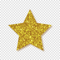 Gold shiny glitter glowing star with shadow isolated on white background. Vector illustration