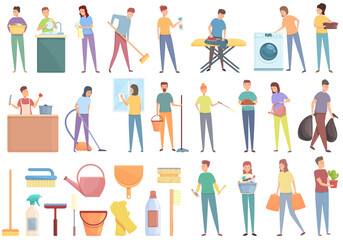 Fototapeta na wymiar Household occupations icons set cartoon vector. Clean surface. Sanitary hygiene