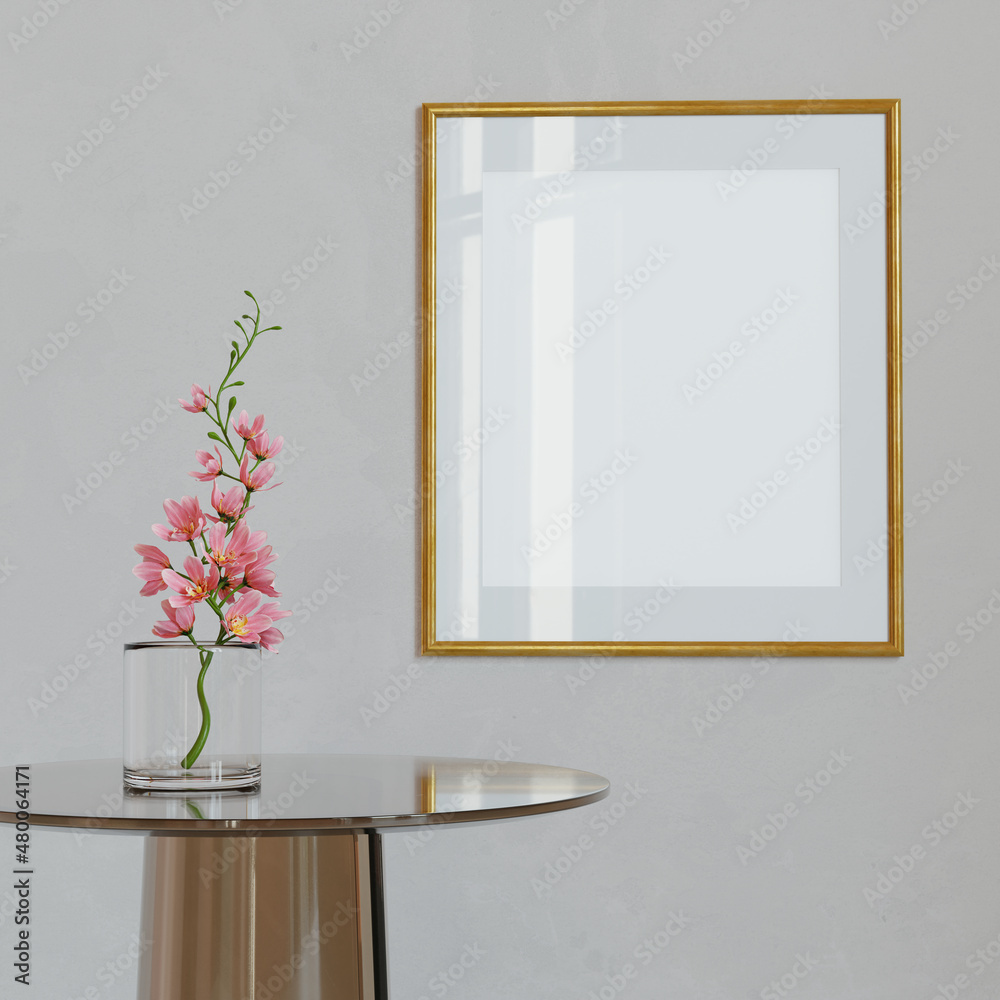 Poster a flower on a glass table and a picture mock up template on the wall. 3d render. 3d illustration.
