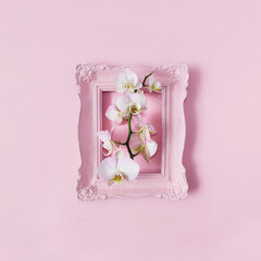 Beautiful pink orchids in a baroque pink frame on pastel pink background. Romantic retro design for Valentine's day banner or card. Creative concept for spring summer fashion advertisement. Flat lay.