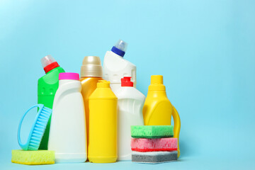 set of cleaning products on a colored background close-up with a place for text