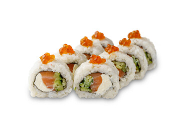 Sushi roll with salmon, cucumber, red caviar and Philadelphia cheese. Isolated on white background