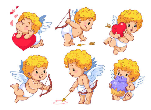 Set of cartoon cupids. Cute little angels in different poses, isolated clipart. Cupid kids for Valentine's Day, wedding and babyshower. Smiling children with wings, crossbows and hearts.