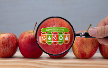 sustainable rating label on apple magnified by magnifying lens, environmental impact of food customer sustainability label on food