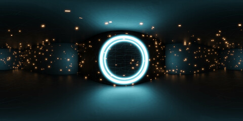 360 degree full spherical panorama of abstract dark futuristic room with orange and blue lighting 3d render illustration hdri hdr vr content panorama © eliahinsomnia