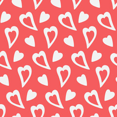 Hand drawn white hearts on soft red background. Vector seamless pattern. Best for textile, wallpapers, wrapping paper, package and St. Valentine's Day decoration.
