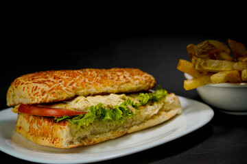 Delicious chicken sandwich on black background