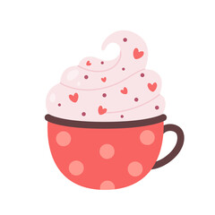 Valentines Day hot drink. Coffee cup with cream, chocolate drops and hearts. Vector illustration.