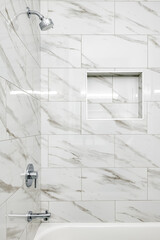 Modern White and Gray Marble Tile in Bath with Toiletry Recess