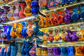 Many colorful souvenirs for sale at the bazaar in Turkey