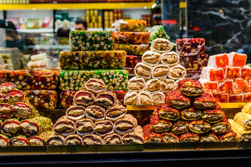 Turkish delight and different sweets for sale at the bazaar in Turkey