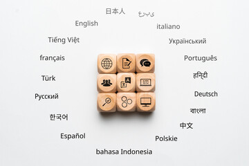 Translation concept. Different languages around wooden blocks with icons
