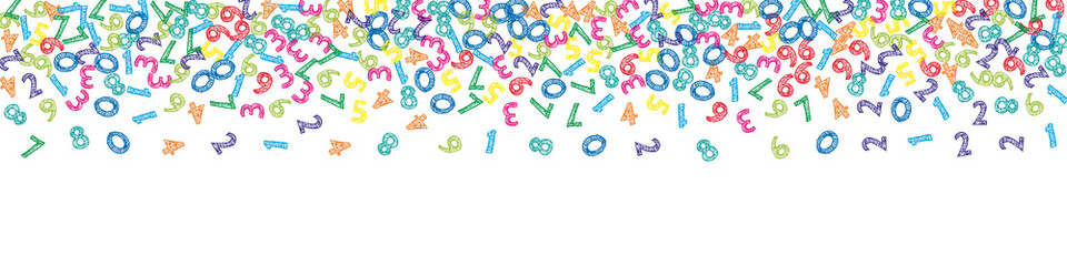 Falling colorful sketch numbers. Math study concept with flying digits. Cool back to school mathematics banner on white background. Falling numbers vector illustration.