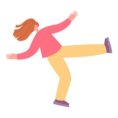 Woman falling down with different things. Female character fly, isolated girl fall with pizza, bag, book and computer monitor, vector concept